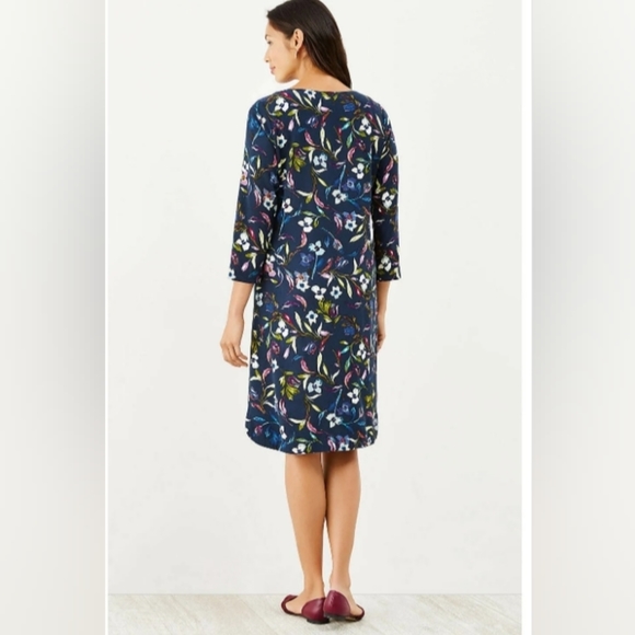 J Jill Navy Blue Floral 3/4 Sleeve Boat Neck Pullover Shift Dress Size M - Picture 9 of 11